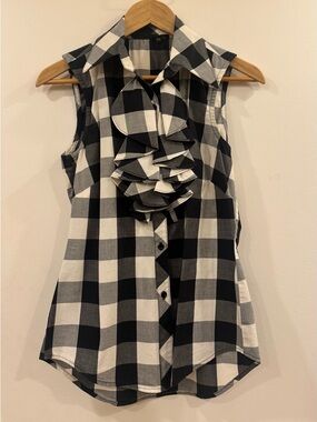 Gingham Sleeveless Button-Down Collared Shirt with Front Ruffle Detail, XS